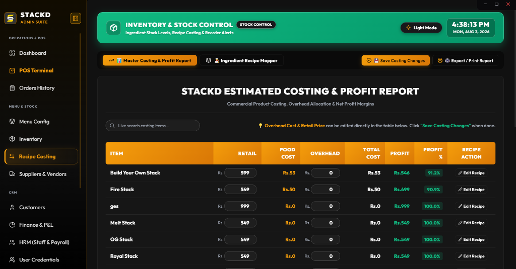 StackD POS Recipe Costing Engine